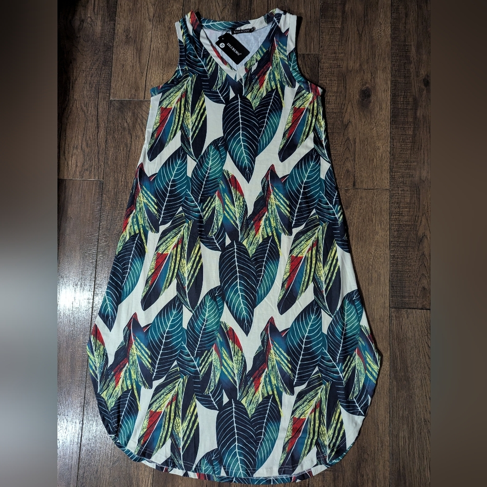 Zilcremo Women's Green Colorful Beachy Fronds Leaves Print Maxi Dress NWT Size M